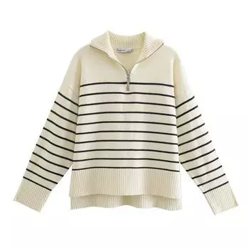 Женская мода свободные полосатые асимметричные вязаные свитера винтажные длинные рукава на молнии женские пуловеры шикарные трикотажные топы L бежевый