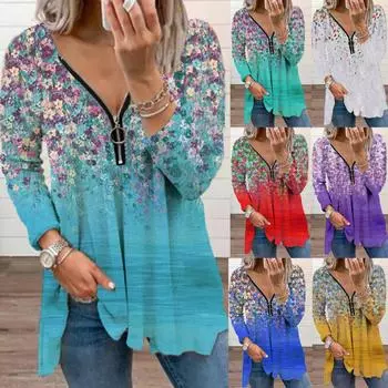 Женская мода свободные повседневные футболки с длинными рукавами с цветочным принтом и V-образным вырезом на молнии блузки туники топы S зелёный
