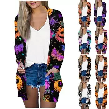 Женская мода Свободные повседневные карманные куртки-кардиганы на Хэллоуин с длинными рукавами Топы L чёрный