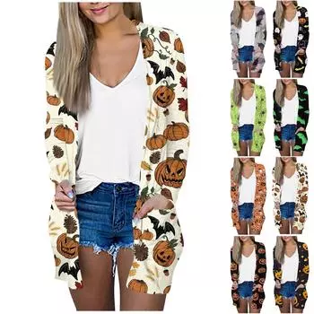 Женская мода Свободные повседневные карманные куртки-кардиганы на Хэллоуин с длинными рукавами Топы L