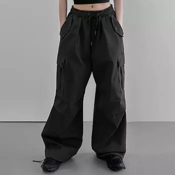 Женская мода, свободные повседневные однотонные свободные повседневные брюки с карманами и шваброй для пола L чёрный