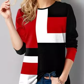 Женская мода, свободные повседневные топы с круглым вырезом и цветочным принтом, длинными рукавами и геометрическим принтом, блузки, пуловеры больших размеров S красный