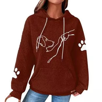 Женская мода свободный джемпер с капюшоном и принтом собаки с длинным рукавом в клетку с капюшоном L коричневый