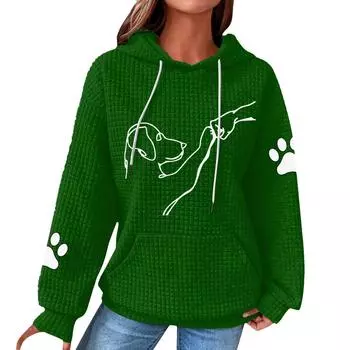Женская мода свободный джемпер с капюшоном и принтом собаки с длинным рукавом в клетку с капюшоном L темно-зеленого