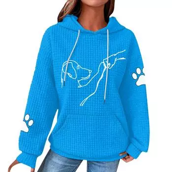 Женская мода свободный джемпер с капюшоном и принтом собаки с длинным рукавом в клетку с капюшоном L синий