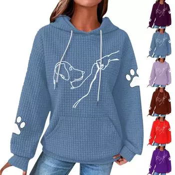 Женская мода свободный джемпер с капюшоном и принтом собаки с длинным рукавом в клетку с капюшоном L коричневый