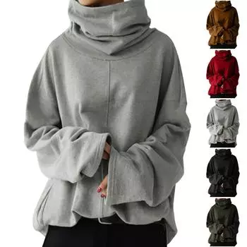 Женская мода свободный карман повседневный однотонный длинный рукав высокий ворот пуловер свитшот L чёрный