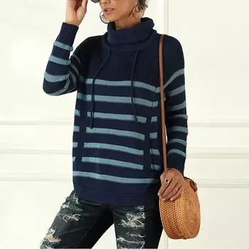 Женская мода свободный классический теплый зимний полосатый водолазка с длинным рукавом вязаный свитер M