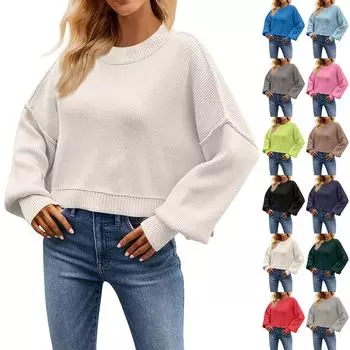 Женская мода свободный короткий пуловер вязаный свитер с длинным рукавом и круглым вырезом S тёмно-синий