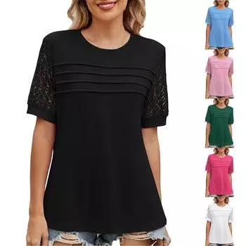 Женская мода свободный однотонный круглый вырез с рваными кружевными рукавами повседневный топ L чёрный