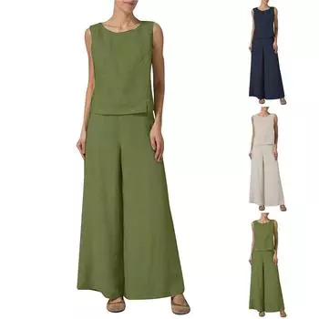 Женская мода, свободный однотонный топ без рукавов с круглым вырезом, повседневные брюки, комплект из двух предметов L
