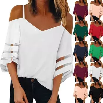 Женская мода Свободный однотонный топ с v-образным вырезом и рукавами 3/4 на бретельках L темно-зеленого