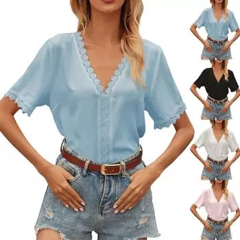 Женская мода свободный однотонный V-образный вырез повседневный шифоновый кружевной короткий рукав топ XL белый