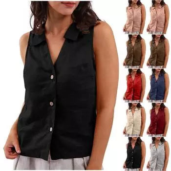 Женская мода свободный однотонный жилет из хлопка и льна с пуговицами на лацканах повседневная рубашка топ L бежевый