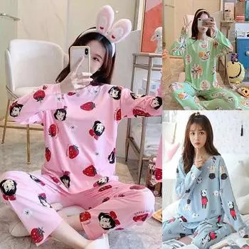 Женская мода свободный пижамный костюм разные стили длинные рукава длинные брюки круглый вырез пижамы домашняя одежда для женщин M белый