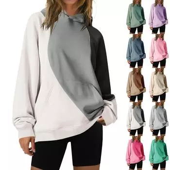 Женская мода свободный повседневный длинный рукав с капюшоном цветной блок свитшот с капюшоном топ L чёрный