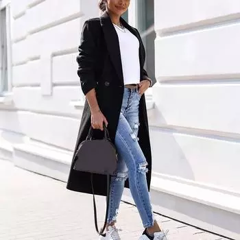 Женская мода свободный повседневный и зимний однотонный твидовый пиджак на пуговицах L чёрный