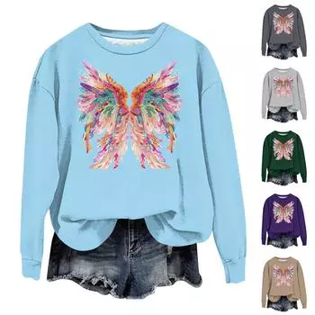 Женская мода свободный повседневный карман с длинным рукавом толстовка с принтом свитшот XXL