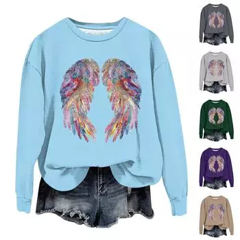 Женская мода свободный повседневный карман с длинным рукавом толстовка с принтом свитшот L