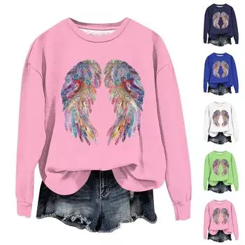 Женская мода свободный повседневный карман с длинным рукавом толстовка с принтом свитшот L синий