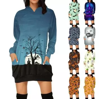 Женская мода свободный повседневный карман с длинным рукавом толстовка с принтом свитшот XXL