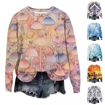 Женская мода свободный повседневный карман с длинным рукавом толстовка с принтом свитшот XL фиолетовый