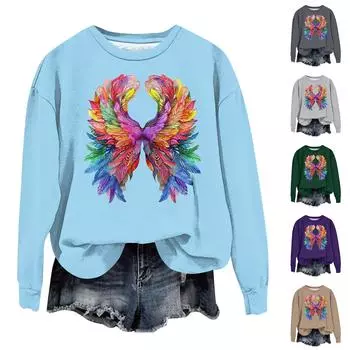 Женская мода свободный повседневный карман с длинным рукавом толстовка с принтом свитшот XL