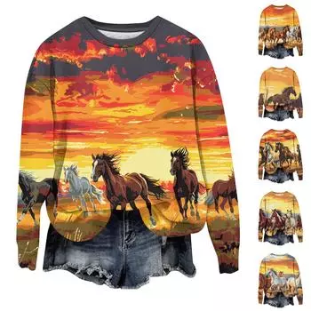 Женская мода свободный повседневный карман с длинным рукавом толстовка с принтом свитшот L верблюд