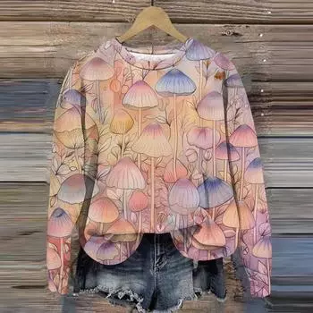 Женская мода свободный повседневный карман с длинным рукавом толстовка с принтом свитшот XXL