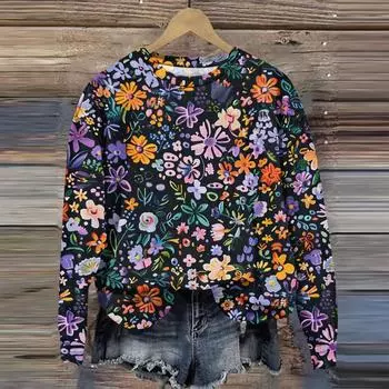 Женская мода свободный повседневный карман с длинным рукавом толстовка с принтом свитшот S фиолетовый