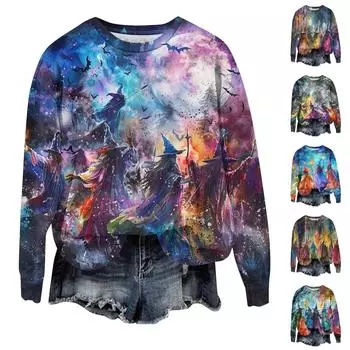 Женская мода свободный повседневный карман с длинным рукавом толстовка с принтом свитшот L синий