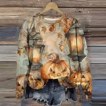 Женская мода свободный повседневный карман с длинным рукавом толстовка с принтом свитшот XL верблюд