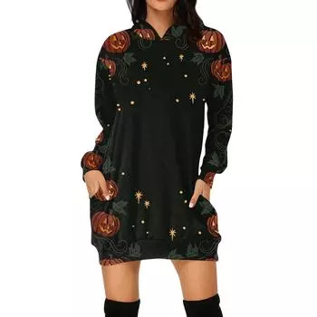 Женская мода свободный повседневный карман с длинным рукавом толстовка с принтом свитшот M чёрный