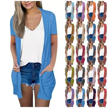 Женская мода Свободный повседневный карманный однотонный кардиган с короткими рукавами Куртка Топ L армия зеленый