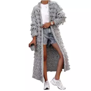Женская мода свободный повседневный однотонный вязаный кардиган свитер куртка с бахромой S