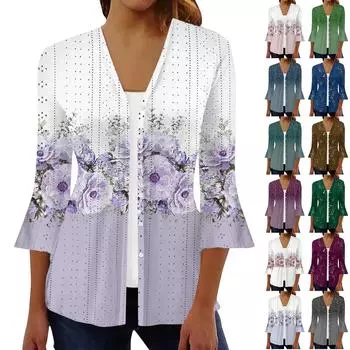 Женская мода свободный повседневный принт с рукавом три четверти рубашка на пуговицах кардиган топ XL