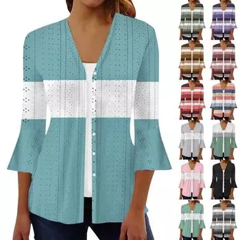 Женская мода свободный повседневный принт с рукавом три четверти рубашка на пуговицах кардиган топ L кофейный