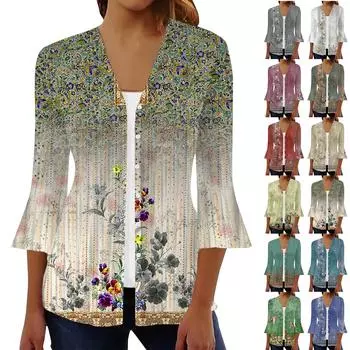 Женская мода свободный повседневный принт с рукавом три четверти рубашка на пуговицах кардиган топ XL