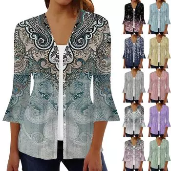 Женская мода свободный повседневный принт с рукавом три четверти рубашка на пуговицах кардиган топ L зелёный