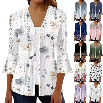 Женская мода свободный повседневный принт с рукавом три четверти рубашка на пуговицах кардиган топ XXXL