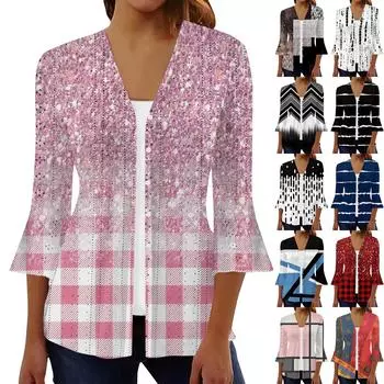 Женская мода свободный повседневный принт с рукавом три четверти рубашка на пуговицах кардиган топ S чёрный