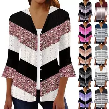 Женская мода свободный повседневный принт с рукавом три четверти рубашка на пуговицах кардиган топ L