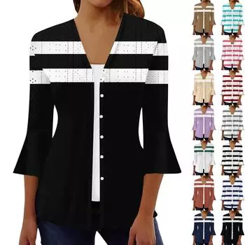 Женская мода свободный повседневный принт с рукавом три четверти рубашка на пуговицах кардиган топ L красный