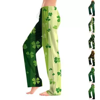 Женская мода Свободный повседневный St. Повседневные брюки с принтом ко Дню Святого Патрика XL зелёный