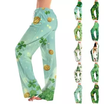 Женская мода Свободный повседневный St. Повседневные брюки с принтом ко Дню Святого Патрика XL
