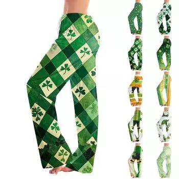 Женская мода Свободный повседневный St. Повседневные брюки с принтом ко Дню Святого Патрика XL