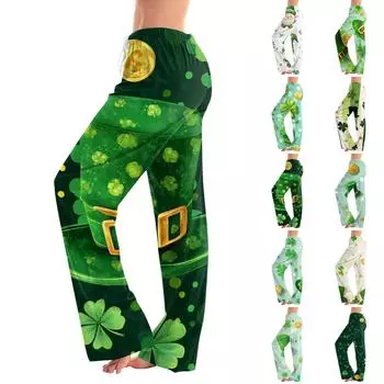 Женская мода Свободный повседневный St. Повседневные брюки с принтом ко Дню Святого Патрика L