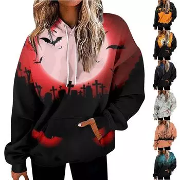 Женская мода Свободный повседневный топ с длинным рукавом и принтом на Хэллоуин L синий