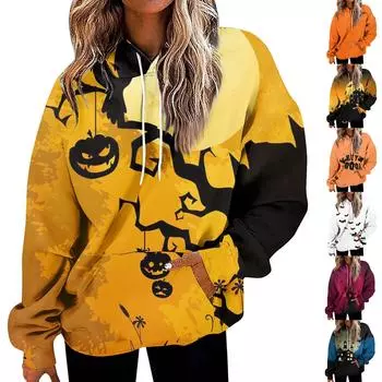 Женская мода Свободный повседневный топ с длинным рукавом и принтом на Хэллоуин L чёрный