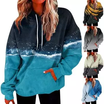 Женская мода Свободный повседневный топ с длинными рукавами и градиентом в стиле пэчворк XXXXXL циан